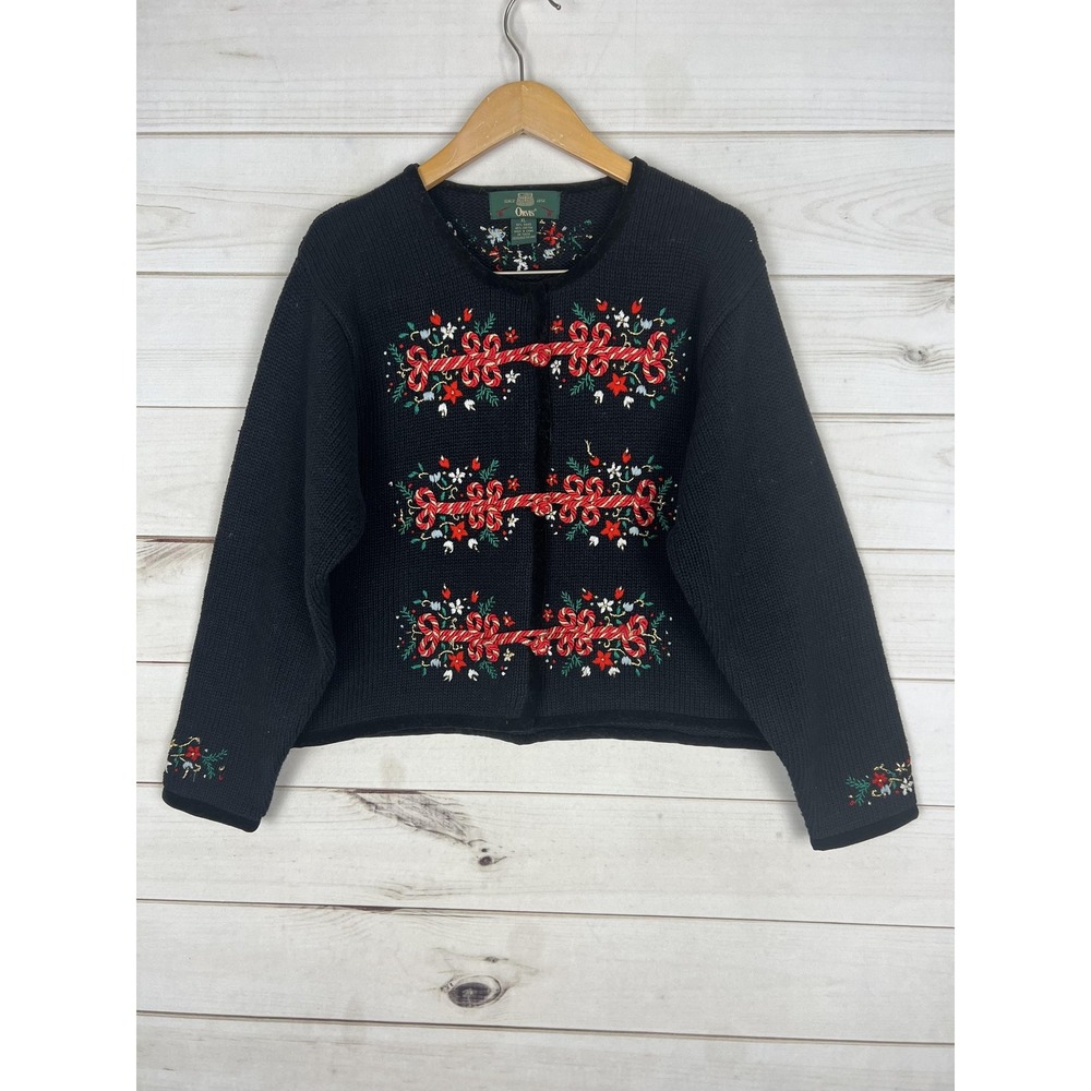 Orvis Sweater Womens XL Black Holiday Christmas Embroidered Cardigan Heavy